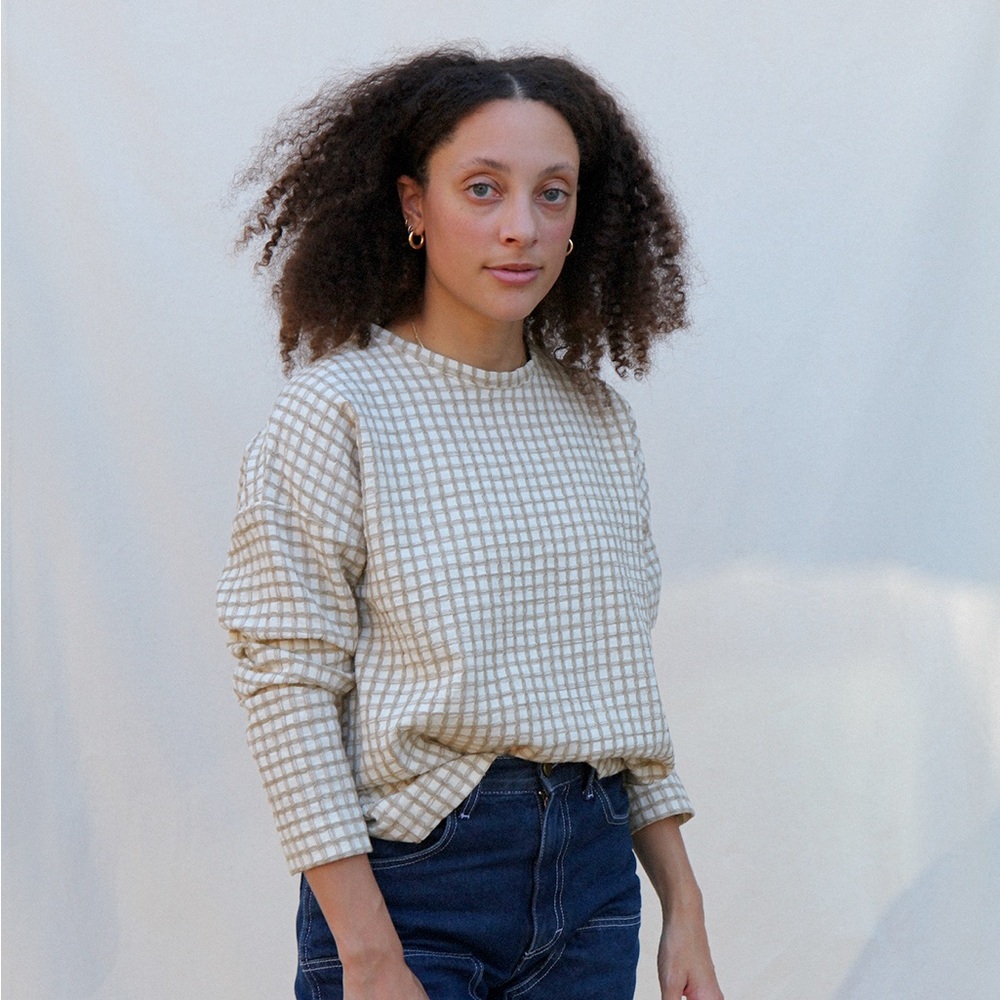 Pair Up Long Sleeve Waffle Blouse in Tan/White, Size S